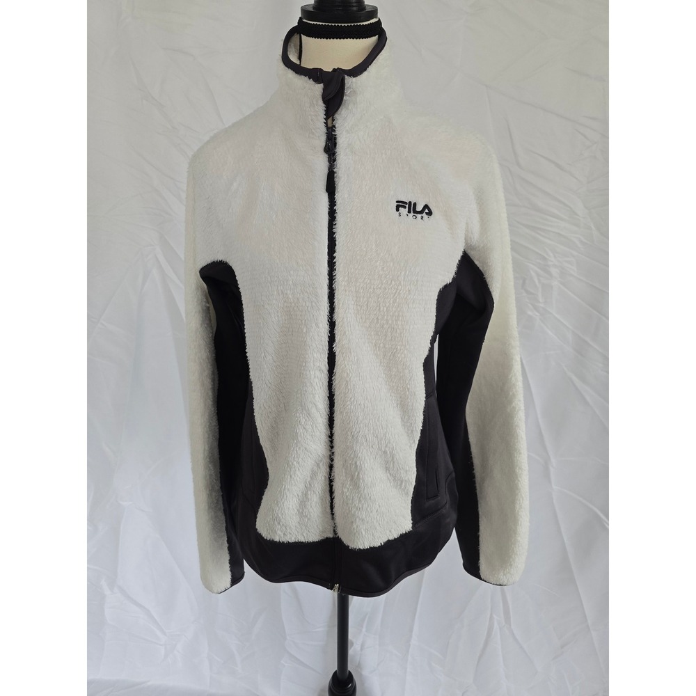 Fila Sport Women's Fuzzy Fleece Jacket White Black Full Zip Size S‎ Athletic